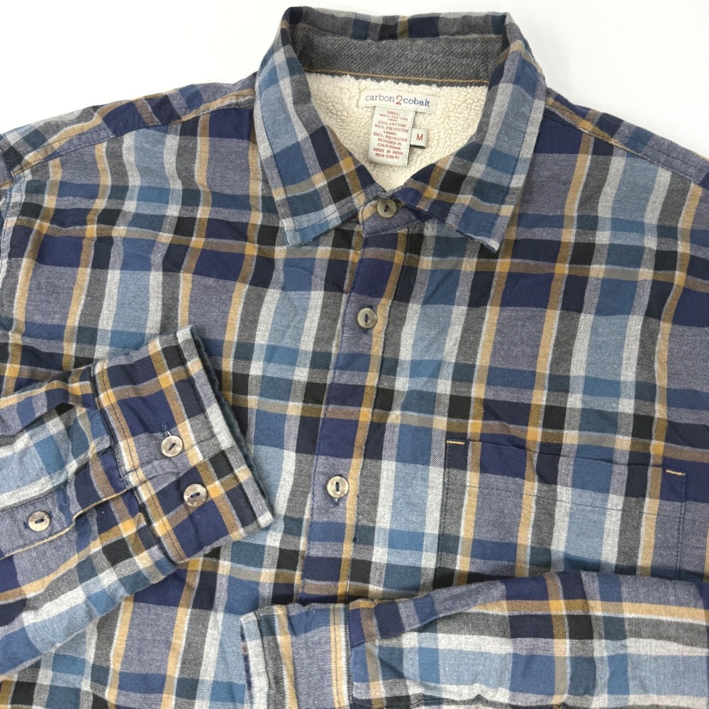 Carbon 2 Cobalt Mens Medium Sherpa Lined Plaid Flannel Shirt Jacket Blue Ochre